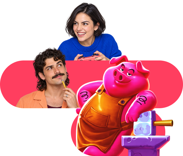 Smiling woman holding a game controller, a man thinking with a pencil, and a cartoon pink pig in orange overalls beside an anvil