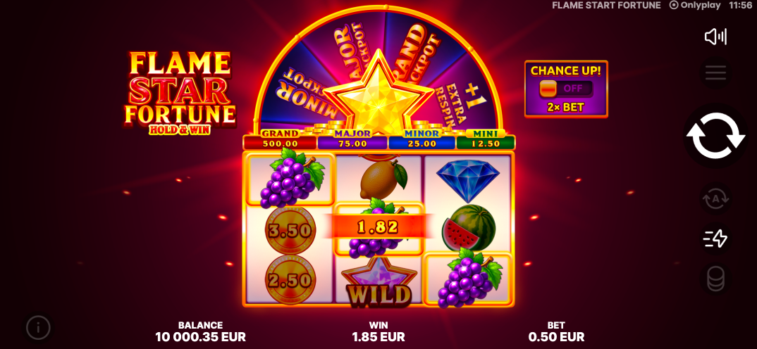 Flame Star Fortune Hold & Win slot reels with fruit, diamond, coin and wild symbols beneath the feature wheel
