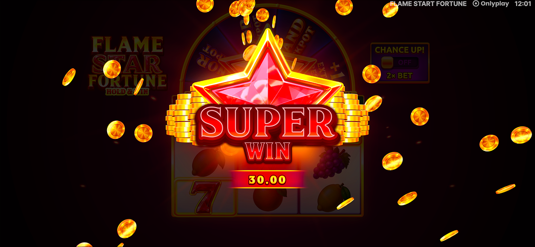 Super Win of 30.00 in Flame Star Fortune Hold & Win, surrounded by falling gold coins