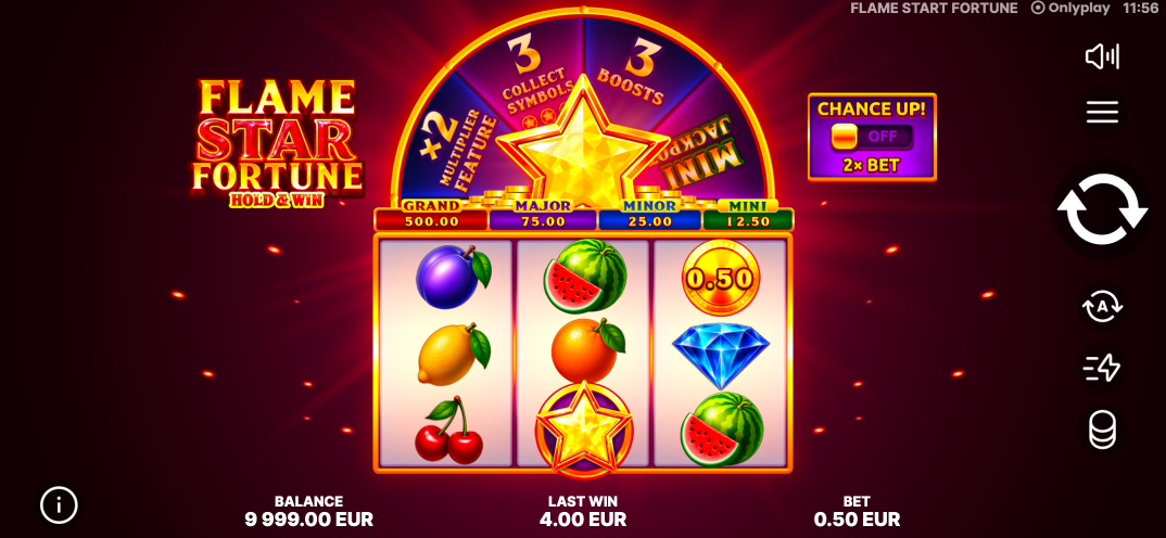 Flame Star Fortune Hold & Win reels displaying fruit, diamond, coin and golden star symbols