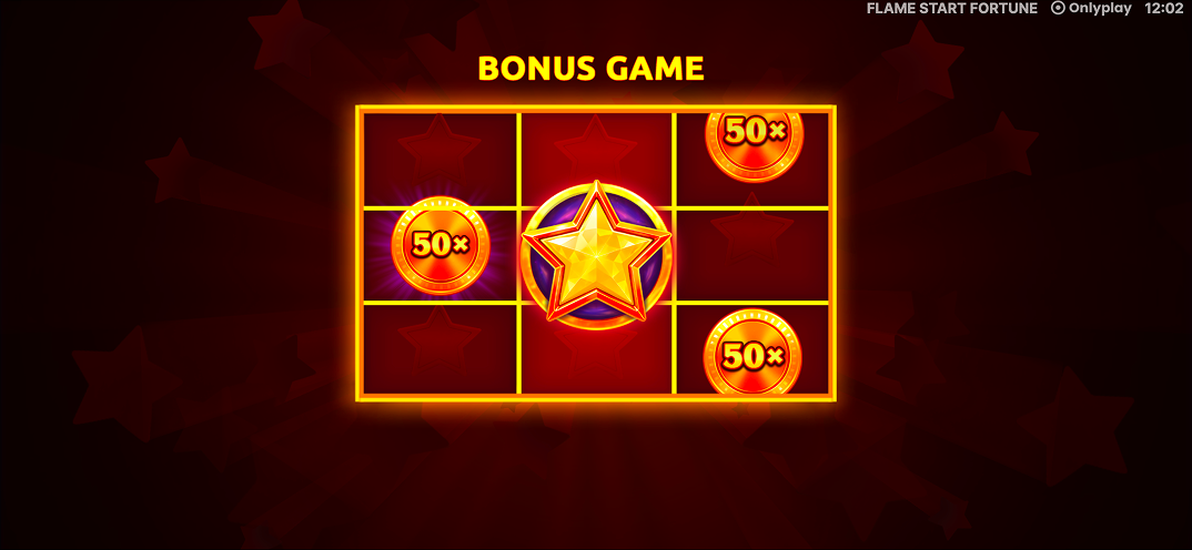 Flame Star Fortune bonus game grid with a golden star and three 50-times multiplier coins