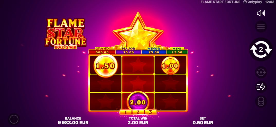 Flame Star Fortune Hold & Win bonus grid showing coin prizes and two remaining spins